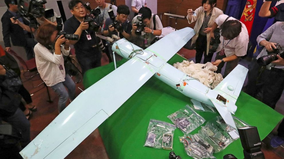 FILE - A suspected North Korean drone is viewed at the Defense Ministry in Seoul, South Korea, on June 21, 2017. South Korea said Monday, Dec. 26, 2022, it fired warning shots after North Korean drones violated the South’s airspace. (Lee Jung-hoon/Yo