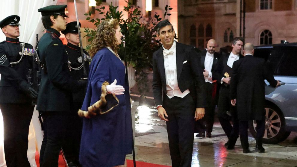 Britain's Prime Minister Rishi Sunak arrives at the annual Lord Mayor's Banquet at the Guildhall in central London, Monday Nov. 28, 2022. (Belinda Jiao/PA via AP)