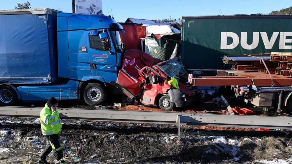 Six people were injured in a crash of 36 vehicles on a highway D5 near Zebrak in Beroun Region, Czech Republic, on Thursday, Jan. 20, 2022. The police is investigating the cause of the accident, bad weather is being taken into account. (Ondrej Deml /