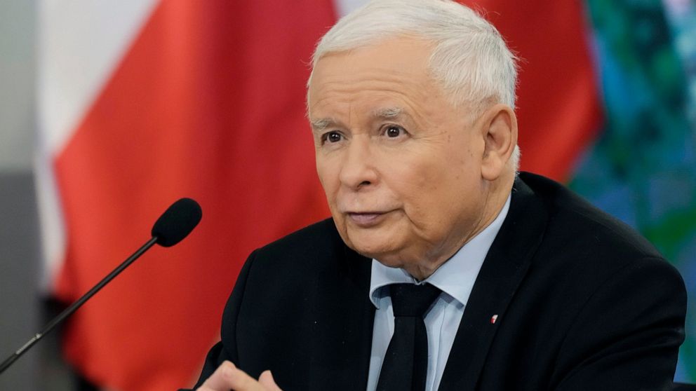 FILE - Jaroslaw Kaczynski, the head of Poland's ruling party Law and Justice, speaks at a news conference in Warsaw, Poland, on Tuesday Oct. 26, 2021. Poland’s most powerful politician has acknowledged that the country bought advanced spyware from th