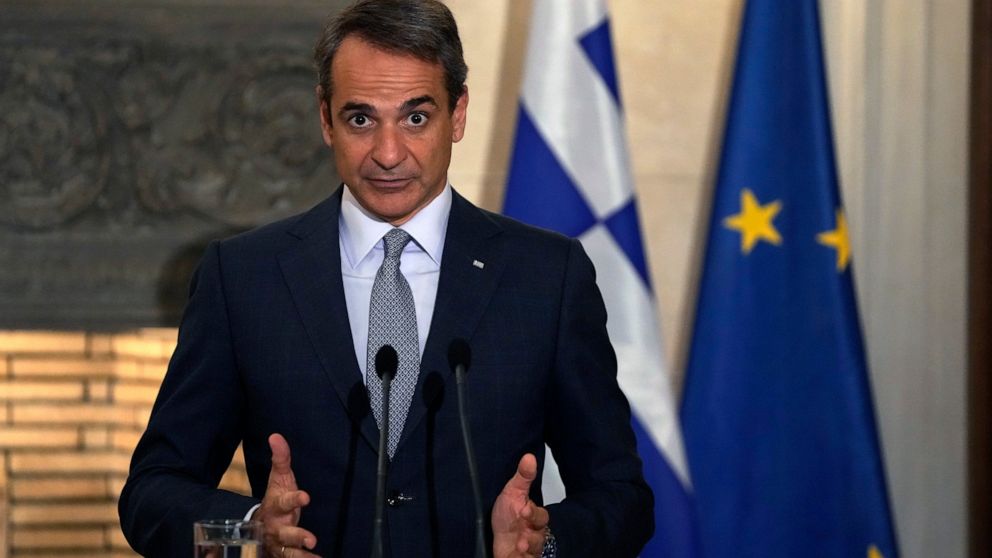 Greece's Prime Minister Kyriakos Mitsotakis makes statements with his Slovak counterpart Eduard Heger during a news conference at Maximos Mansion in Athens, Thursday, Sept. 30, 2021 (AP Photo/Thanassis Stavrakis)