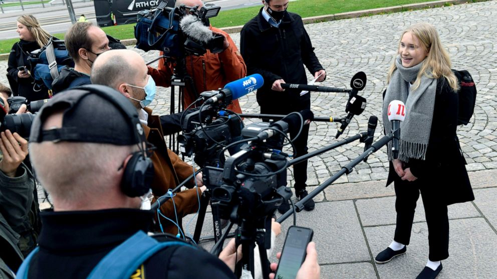 Aava Murto, is interviewed by members of the media, in Helsinki, Finland, Wednesday, Oct. 7, 2020. A 16-year-old girl has assumed the post of Finnish prime minister for one day in the “Girls Takeover” scheme part of the U.Ns’ Day of the Girl to raise