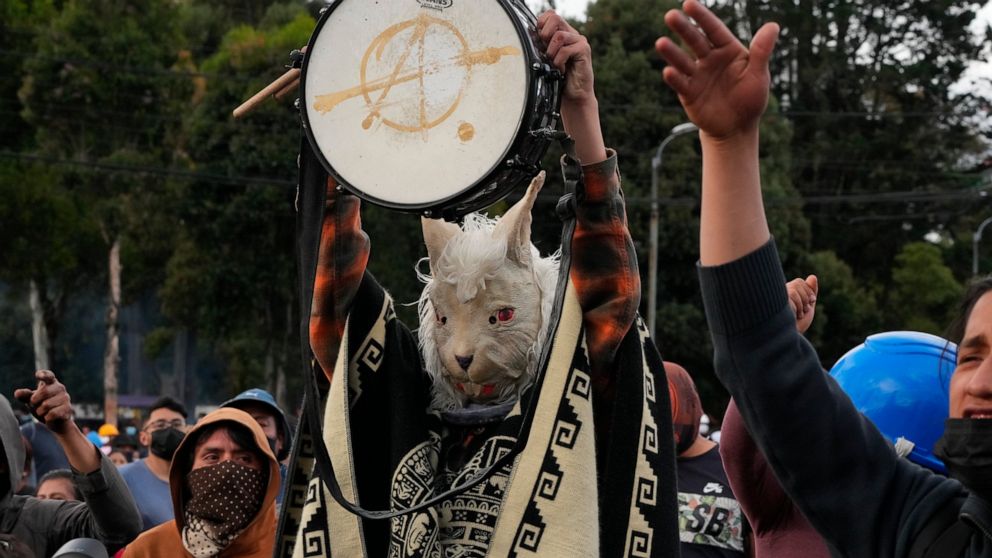 A protester dressed as a llama, takes part in a rally showing support for the recent protests and national strike against the government of President Guillermo Lasso, near the National Assembly, in Quito, Ecuador, Saturday, June 25, 2022. Ecuador’s p