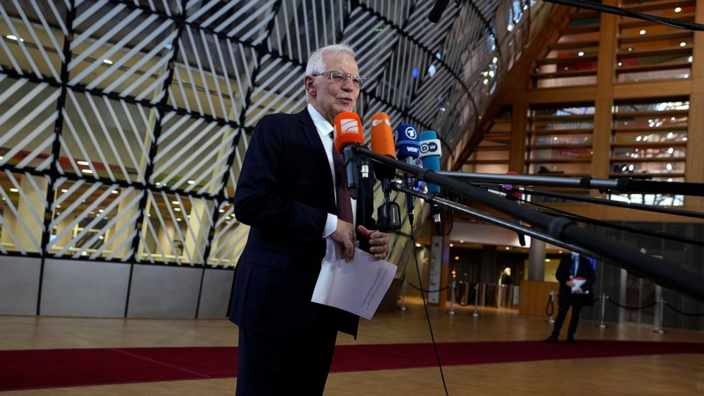 European Union foreign policy chief Josep Borrell speaks with the media as he arrives for a meeting of EU foreign ministers in Brussels, Monday, Feb. 21, 2022. The European Union's top diplomat, foreign policy chief Josep Borrell, welcomed the prospe
