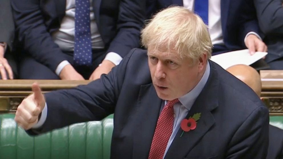 In this image taken from video British Prime Minister Boris Johnson speaking in the House of Commons, London, Tuesday Oct. 29, 2019. Britain is on course for a December general election after Jeremy Corbyn announced that Labour's conditions to back t