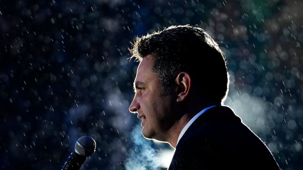 Peter Marki-Zay, leader of United For Hungary, the six-party opposition coalition, speaks during the final electoral rally in Budapest, Hungary, Saturday, April 2, 2022, ahead of Sunday's election. Hungary's nationalist prime minister, Viktor Orban, 