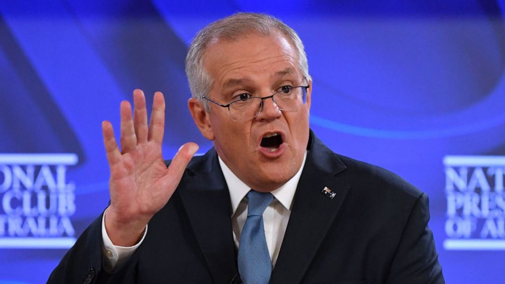 Australian Prime Minister Scott Morrison announces during a speech at the National Press Club that his government will invest in converting research ideas into commercial hits as it looks to improve the economy with an election looming, in Canberra, 
