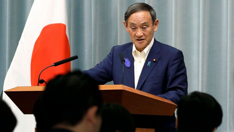 Japan's Chief Cabinet Secretary Yoshihide Suga speaks during a press conference at the prime minister's official residence in Tokyo Tuesday, July 9, 2019. Japan said it has no plans to retract its tightened control on high-tech exports to South Korea