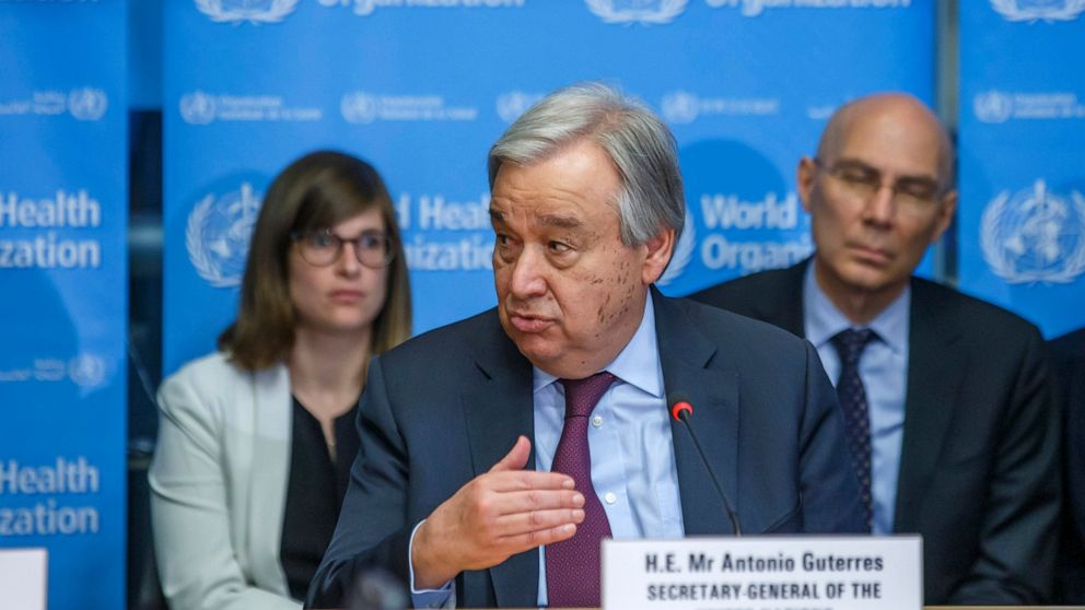 FILE - In this Feb. 24, 2020, file photo, U.N. Secretary-General Antonio Guterres speaks during an update on the situation regarding the COVID-19 at the World Health Organization (WHO) headquarters in Geneva, Switzerland. Communist guerrillas in the 
