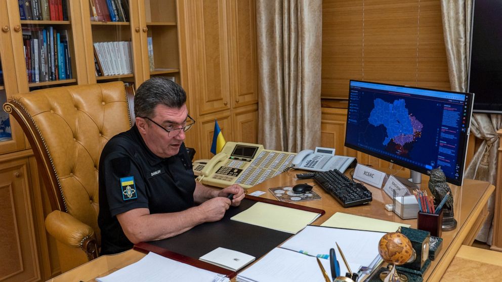 The head of Ukraine's powerful National Security Council, Oleksiy Danilov, speaks to The Associated Press in an interview at his office in Kyiv, Ukraine, on Friday, Sept. 2. Danilov appealed for additional assistance in the making the Zaporizhzhia nu
