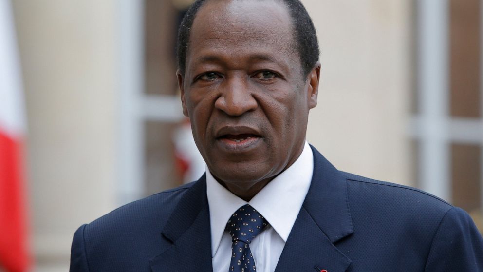FILE - Burkina Faso President Blaise Compaore speaks to the media after a meeting with France's President Francois Hollande at the Elysee Palace in Paris, Sept. 18, 2012. Compaore, who was ousted in a popular uprising in 2014, returned to Burkina Fas