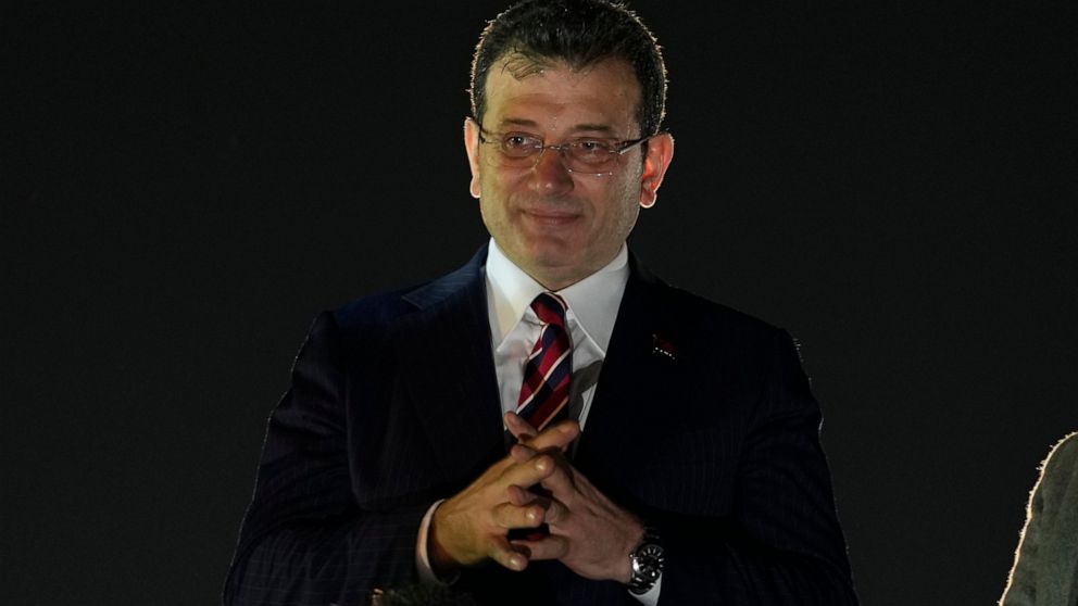 Istanbul Mayor Ekrem Imamoglu, speaks to his supporters during a rally in Istanbul, Wednesday, Dec. 14, 2022. A court in Turkey sentenced the mayor of Istanbul, the country's most populous city, to two years and seven months in prison Wednesday on ch