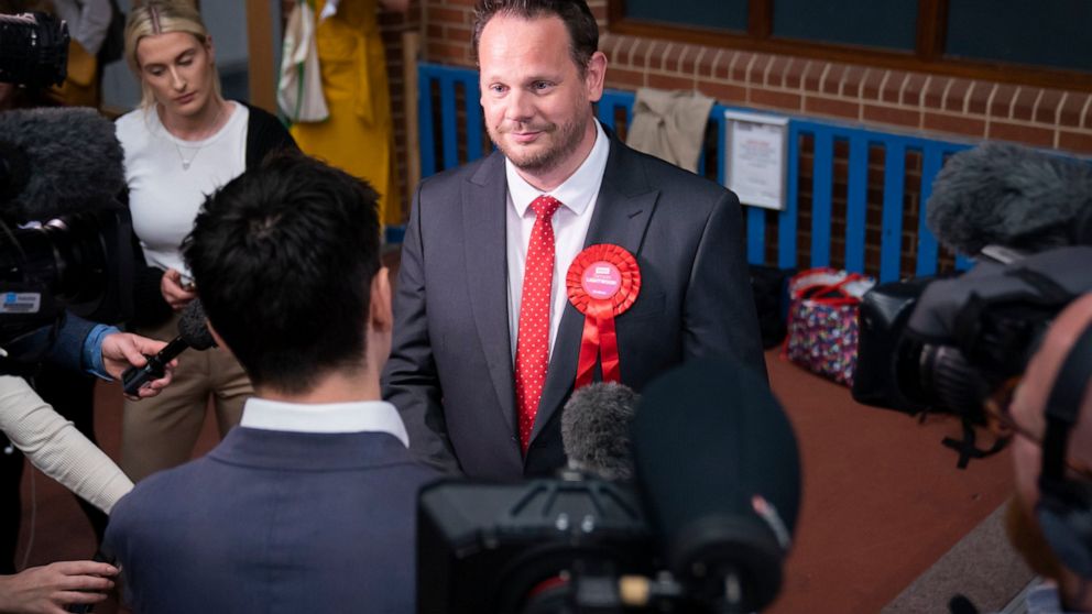 Labour candidate Simon Lightwood speaks to media, after winning the Wakefield by-election, following the by-election count at Thornes Park Stadium in Wakefield, West Yorkshire Friday, June 24, 2022. The by-election was triggered by the resignation of