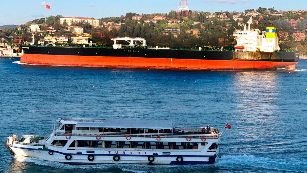 The Greek-flagged oil tanker Prudent Warrior, background, is seen as it sails past Istanbul, Turkey, April 19, 2019. Iran's paramilitary Revolutionary Guard seized two Greek oil tankers on Friday, May 27, 2022, in helicopter-launched raids in the Per