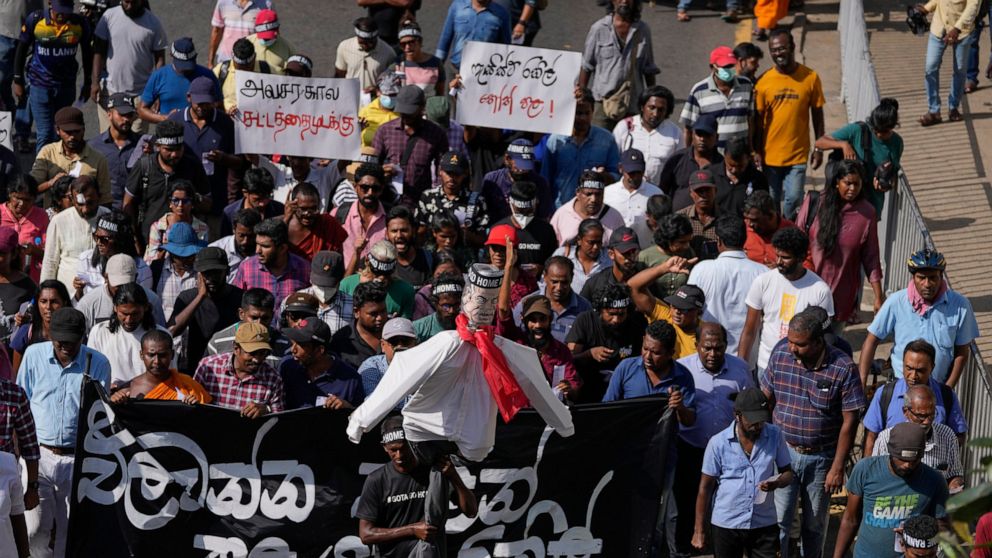 Protestors carry an effigy of Acting President and Prime Minister Ranil Wickremesinghe as they demand him resign in Colombo, Sri Lanka, Tuesday, July 19, 2022. (AP Photo/Eranga Jayawardena)