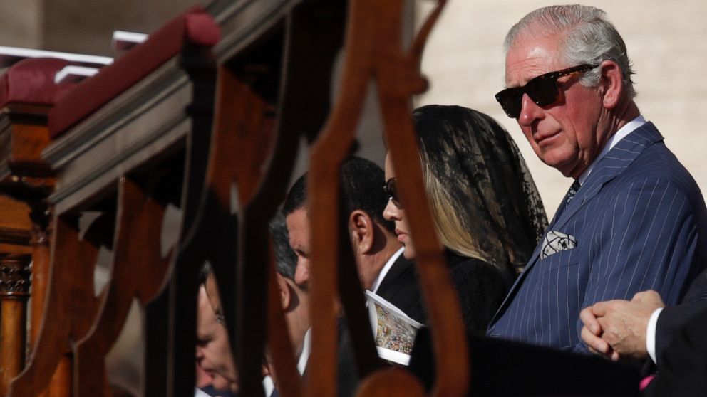 Britain's Prince Charles attends a canonization Mass in St. Peter's Square at the Vatican, Sunday, Oct. 13, 2019. Pope Francis canonizes Cardinal John Henry Newman, the 19th century Anglican convert who became an immensely influential thinker in both