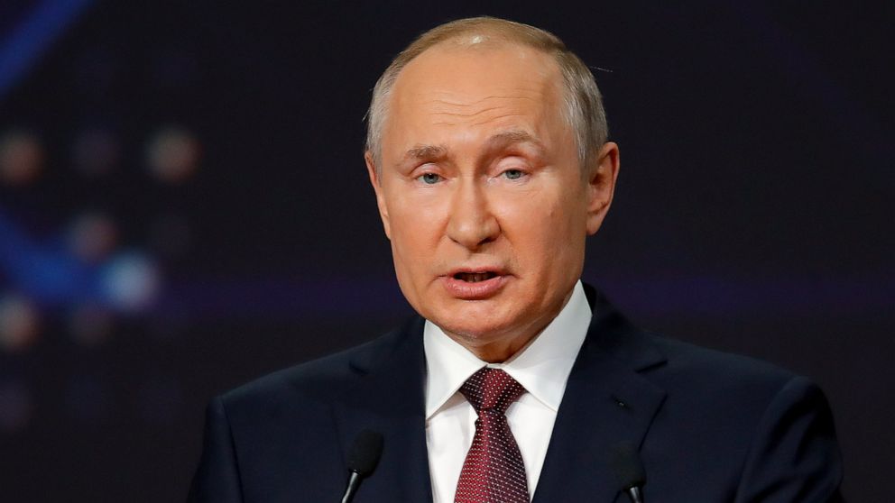 FILE - In this Friday, June 4, 2021 file photo, Russian President Vladimir Putin speaks at the St. Petersburg International Economic Forum in St. Petersburg, Russia. Russian President Vladimir Putin has described Russians and Ukrainians as “brotherly