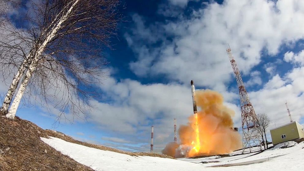 In this handout photo released by Russian Defense Ministry Press Service on Wednesday, April 20, 2022, the Sarmat intercontinental ballistic missile is launched from Plesetsk in Russia's northwest. Russia said on Wednesday it had conducted a first te