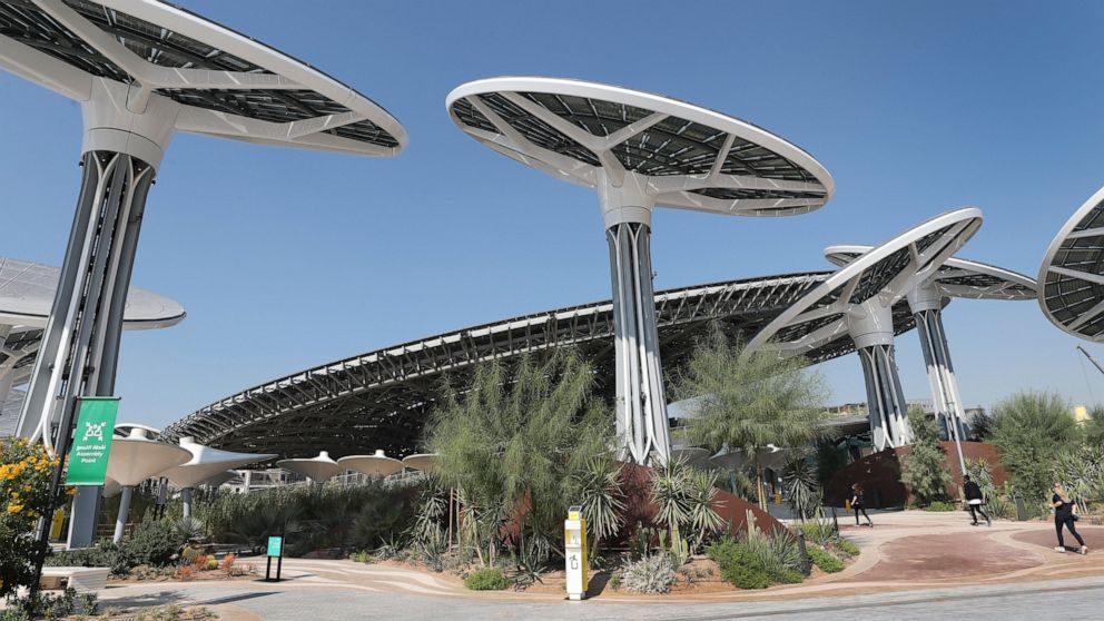 Journalists arrive for visiting Terra, The Sustainability Pavilion, during a media tour at the Dubai World Expo site in Dubai, United Arab Emirates, Saturday, Jan. 16, 2021. With the inauguration of Expo 2020 Dubai, the next world's fair, nine months