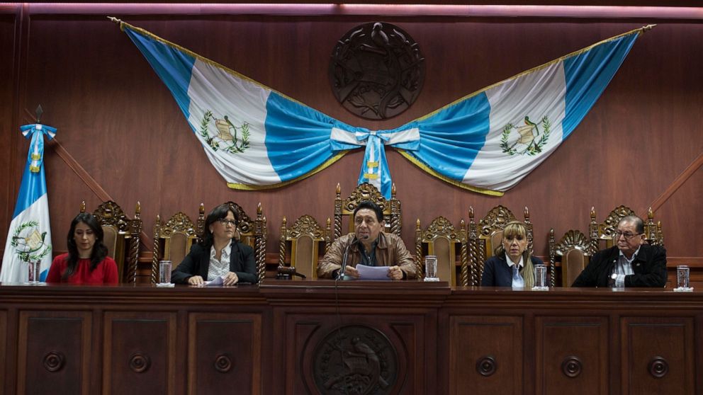 FILE - In this Aug. 27, 2017 file photo, Constitutional Court President Jose Francisco de Mata Vela leads a press conference in Guatemala City. Guatemala's Congress began reshaping the country's highest court Tuesday, March 2, 2021, selecting a new m