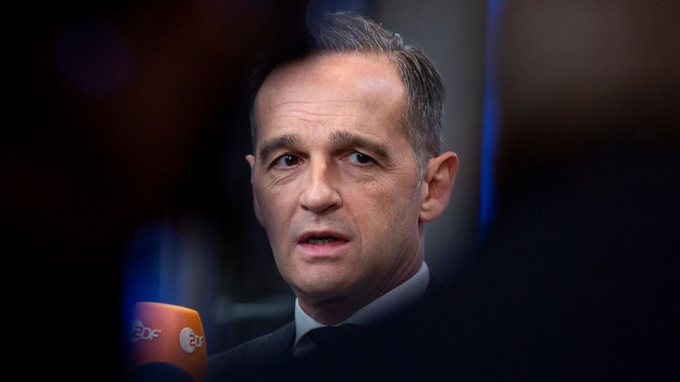 German Foreign Minister Heiko Maas arrives for a meeting of EU foreign ministers at the Europa building in Brussels, Monday, Jan. 20, 2020. EU foreign ministers meet in Brussels on Monday to discuss the situation in Libya and Venezuela, the deteriora
