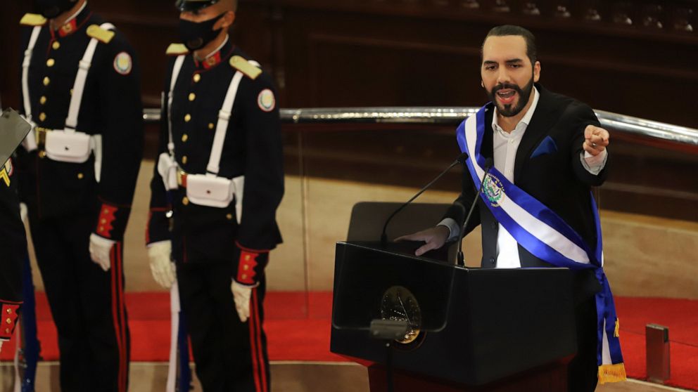 FILE - In this June 1, 2021 file photo, El Salvadoran President Nayib Bukele delivers his annual address to the nation before Congress, in San Salvador, El Salvador. On Wednesday, Sept. 15, 2021, thousands of people marched against Bukele's governmen