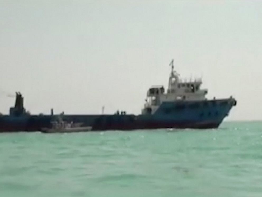 This undated image made from a video provided by the IRGC/IRIB shows a ship in the Persian Gulf. Iranian forces seized the ship, which it suspected of carrying smuggled fuel, state media reported Sunday, Aug. 4, 2019, marking the Revolutionary Guard