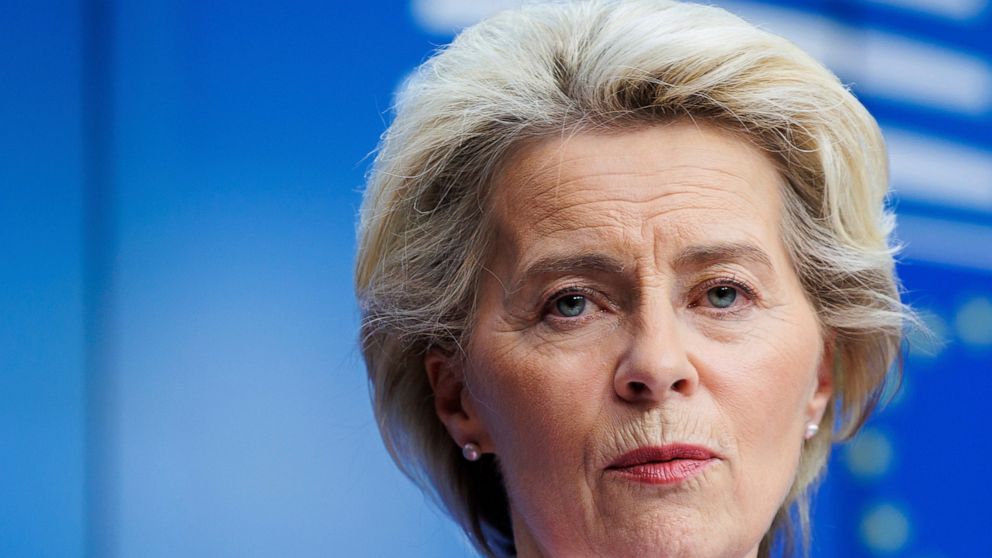 FILE - European Commission President Ursula von der Leyen speaks to media after an extraordinary meeting of EU leaders to discuss Ukraine, energy and food security at the Europa building in Brussels, on May 31, 2022. The independence of Poland's cour