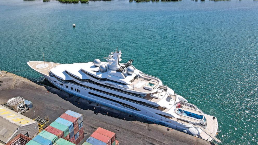 FILE - The superyacht Amadea is docked at the Queens Wharf in Lautoka, Fiji, on April 15 2022. On May 5, five U.S. federal agents boarded the massive Russian-owned superyacht Amadea that was berthed in Lautoka harbor in Fiji in a case that is highlig