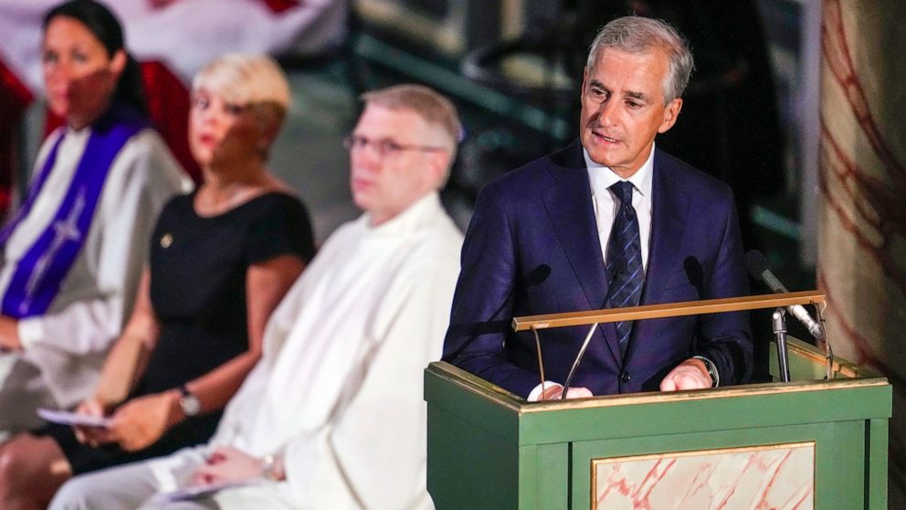 Norway's Prime Minister Jonas Gahr Store speaks during a service in Oslo Cathedral, Oslo, Sunday June 26, 2022, after an attack in Oslo on Saturday. A gunman opened fire in Oslo’s nightlife district early Saturday, killing two people and leaving more