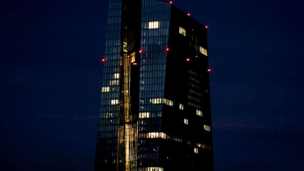 Office lights of the European Central Bank in Frankfurt, Germany, Wednesday, Jan. 13, 2021. (AP Photo/Michael Probst)