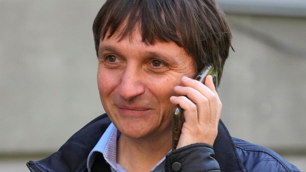 Volodymyr Yavorskyi, expert of the Center of Civil Liberties, talks on mobile phone in Kyiv, Ukraine, Friday, Oct. 7, 2022. On Friday, Oct. 7, 2022 the Nobel Peace Prize was awarded to jailed Belarus rights activist Ales Bialiatski, the Russian group