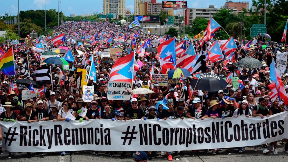 Thousands of Puerto Ricans gather for what many are expecting to be one of the biggest protests ever seen in the U.S. territory, with irate islanders pledging to drive Gov. Ricardo Rossello from office, in San Juan, Puerto Rico, Monday, July 22, 2019
