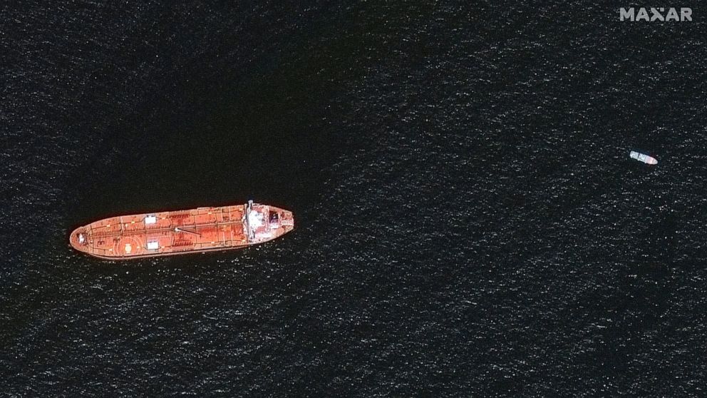 In this image provided by Maxar Technologies, the oil tanker Mercer Street is seen off the coast of Fujairah, United Arab Emirates, Wednesday Aug. 4, 2021. The United States, United Kingdom and Israel blame Iran for an attack on the Mercer Street off