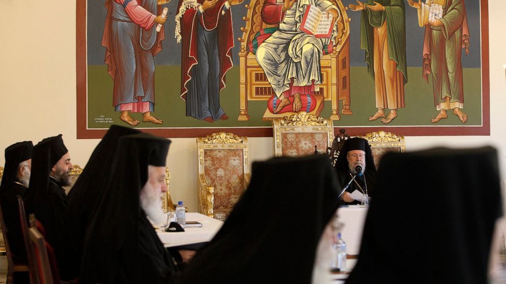 The head of Cyprus Orthodox Church Archbishop Chrysostomos II, facing, presides over a meeting of other bishops composing the Holy Synod, the Church's highest decision-making body at the Church's headquarters in the capital Nicosia, Cyprus, on Monday