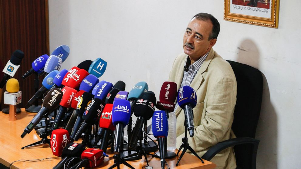 Taher Saadun, father of Moroccan Ibrahim Saadun, who was captured and sentenced to death in Russian-held eastern Ukraine, speaks to the media in a press conference in Rabat, Morocco, Monday, June 27, 2022. (AP Photo)
