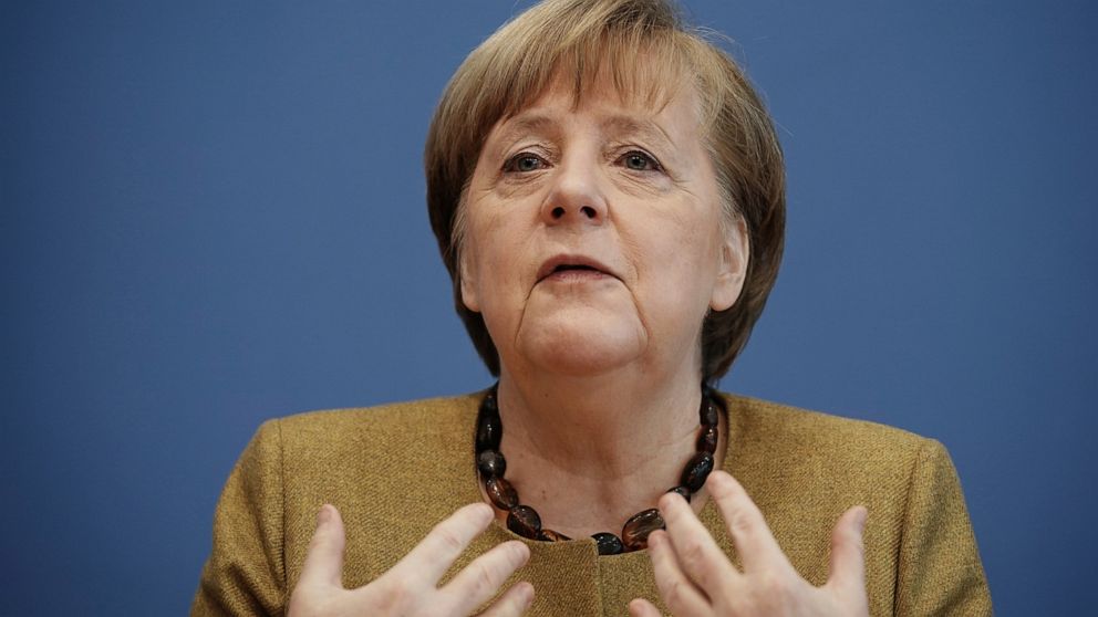 German Chancellor Angela Merkel talks to the media during a press conference on the current situation in Berlin, Germany, Thursday, Jan. 21, 2021. Topics include the decisions taken by the federal and state governments to combat the Corona pandemic, 