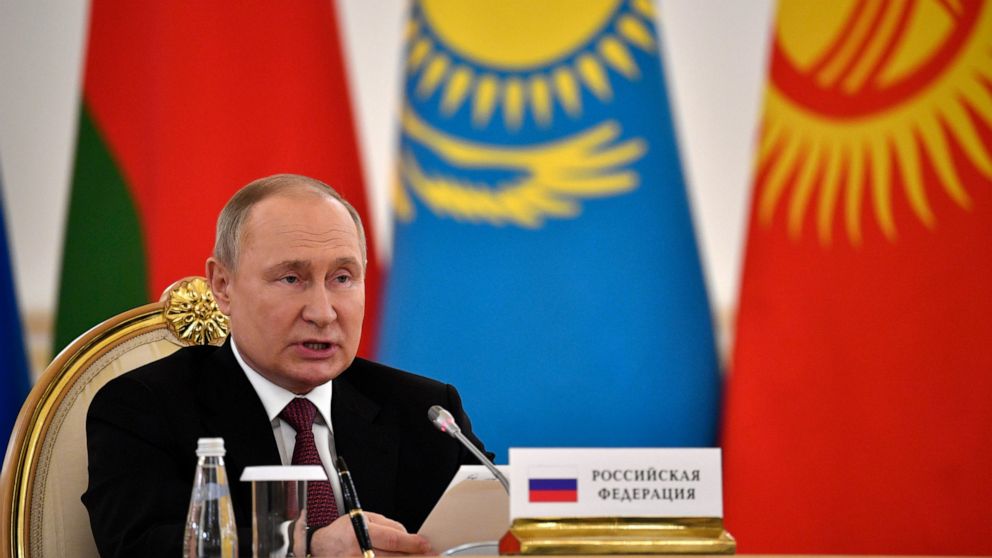 FILE - Russian President Vladimir Putin addresses a meeting of the leaders of the Collective Security Treaty Organization (CSTO) at the Kremlin in Moscow, Russia, May 16, 2022. Finnish state-owned energy company Gasum is saying that natural gas impor