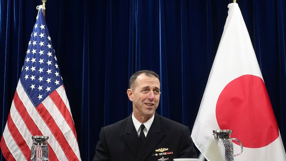 Chief of U.S. Naval Operations Adm. John Richardso talks to reporters on regional security issues in Tokyo Friday, Jan. 18, 2019. The U.S. Navy’s top officer says he urged China to follow international rules at sea to avoid confrontations and insiste