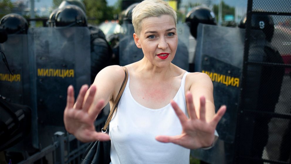FILE - Maria Kolesnikova, one of Belarus' opposition leaders, gestures during a rally in Minsk, Belarus, on Aug. 30, 2020. Kolesnikova, a prominent member of the Belarusian opposition serving an 11-year prison sentence for helping organize anti-gover