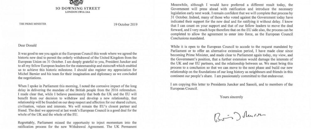 In this image issued by 10 Downing Street, showing of a letter written by British Prime Minister Boris Johnson addressed to the European Council President Donald Tusk asking the European Union for a delay to Brexit Saturday Oct. 19, 2019. The British