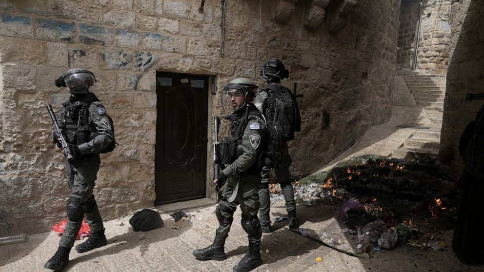 Israeli police is deployed in the Old City of Jerusalem, Sunday, April 17, 2022. Israeli police clashed with Palestinians outside Al-Aqsa Mosque after police cleared Palestinians from the sprawling compound to facilitate the routine visit of Jews to 