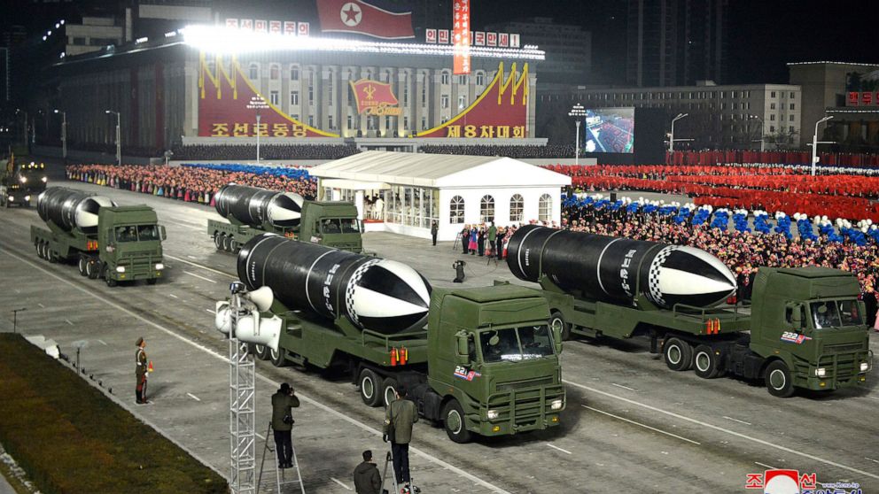 This photo provided by the North Korean government shows missiles during a military parade marking the ruling party congress, at Kim Il Sung Square in Pyongyang, North Korea Thursday, Jan. 14, 2021. Independent journalists were not given access to co