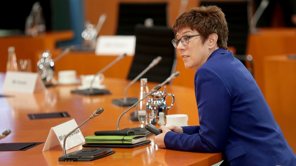 German Defence Minister Annegret Kramp-Karrenbauer speaks prior to the weekly cabinet meeting at the Chancellery in Berlin, Germany, Wednesday, July 8, 2020. (AP Photo/Michael Sohn, pool)