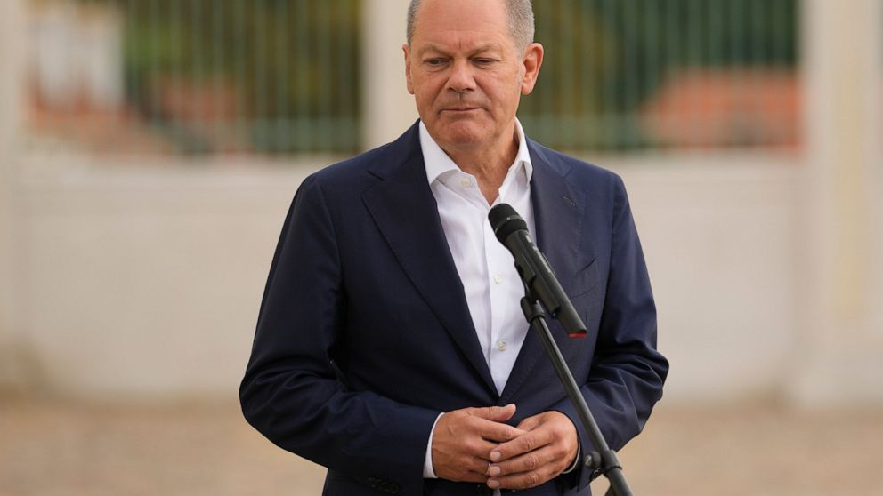 German Chancellor Olaf Scholz briefs the media prior to a two days cabinet meeting at the German government guest house in Meseberg, north of Berlin, Germany, Tuesday, Aug. 30, 2022. (AP Photo/Markus Schreiber)