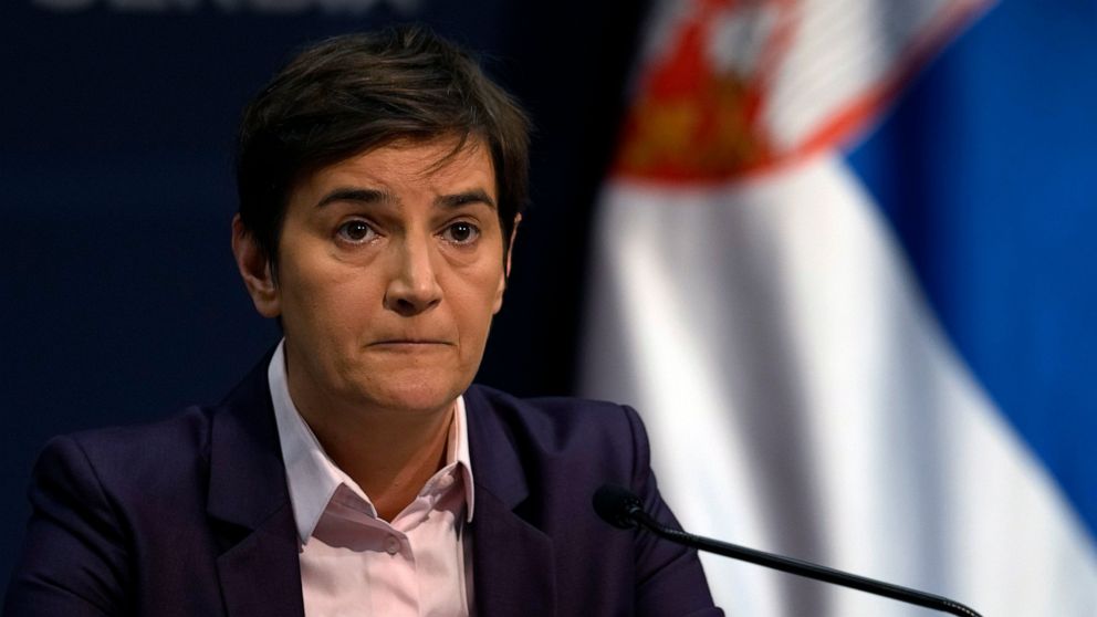 Serbian Prime Minister Ana Brnabic speaks during a press conference in Belgrade, Serbia, Thursday, Jan. 20, 2022. Trying to defuse protests by environmentalists, Serbia's populist government declared Thursday it is canceling all rights that would hel