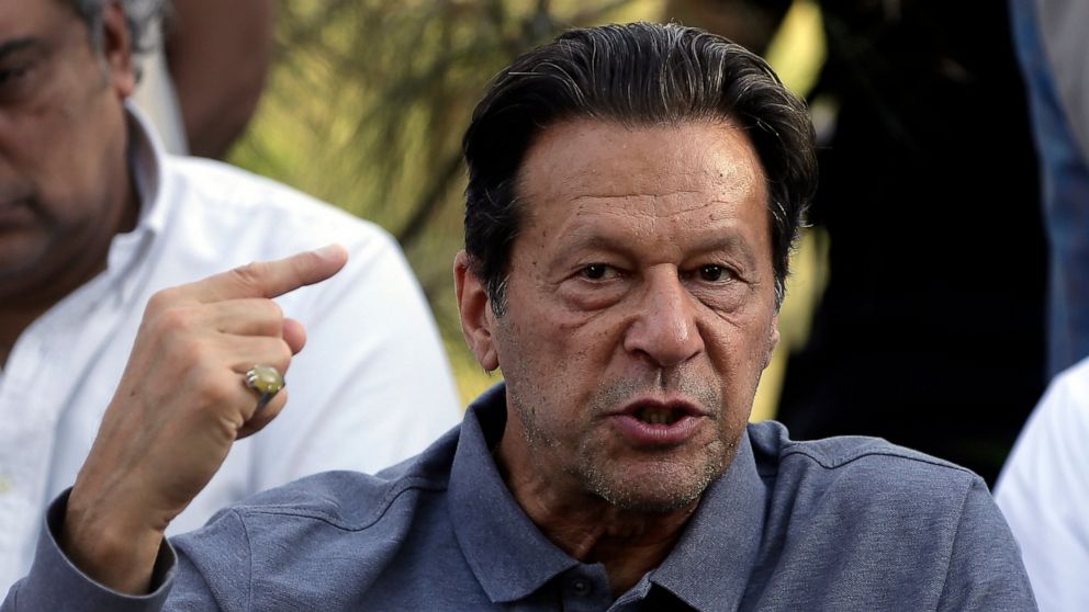FILE - Former Pakistan's Prime Minister Imran Khan speaks during a news conference in Islamabad on April 23, 2022. A Pakistani court on Thursday, Aug. 25, 2022 barred police from arresting Khan through the end of the month, officials said. (AP Photo/
