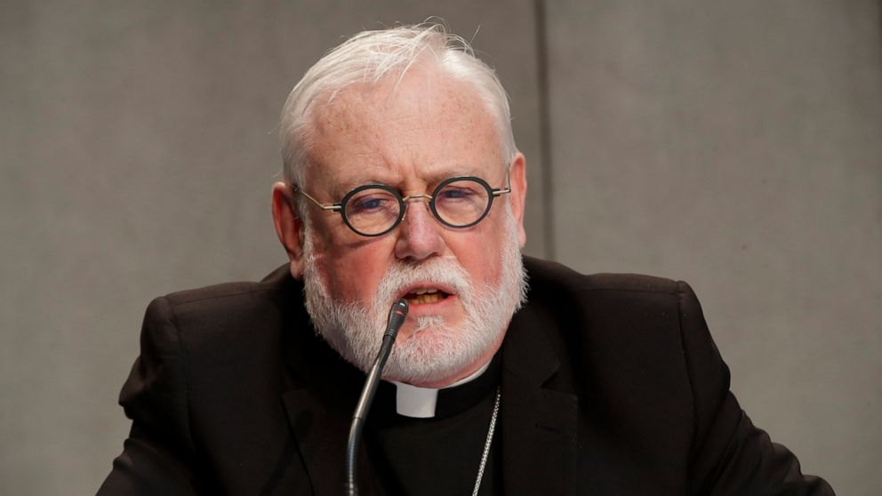 FILE - Vatican Secretary of State Paul Richard Gallagher speaks during a press conference to present a document on the 5th anniversary of Pope Francis' encyclical "Laudato si" (Praise Be) calling on the world to act to stop the human destruction of t