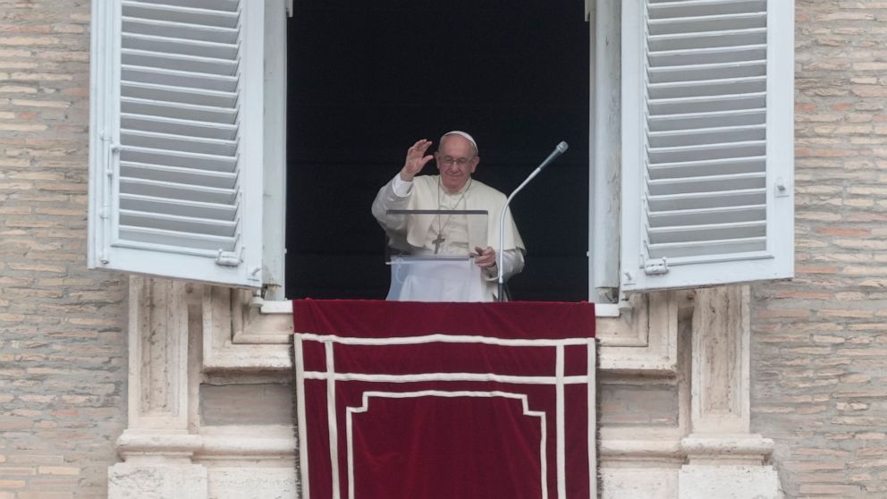 Pope Francis delivers the Regina Coeli noon prayer from his studio window overlooking St. Peter's Square at the Vatican, Sunday, 29, 2002. (AP Photo/Gregorio Borgia)