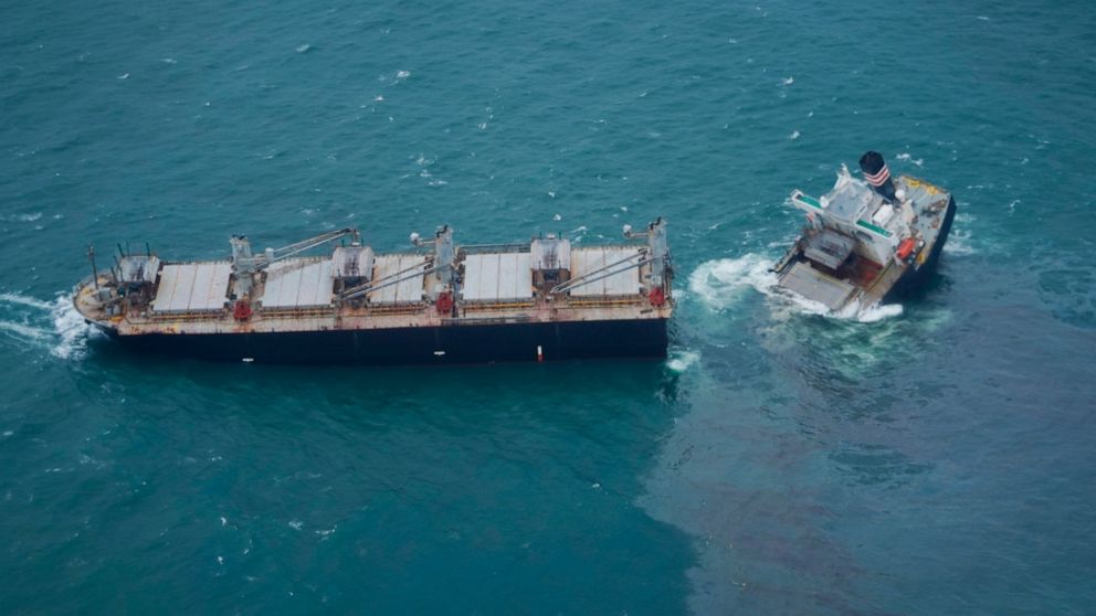 Cargo ship splits in two after running aground in Japan port